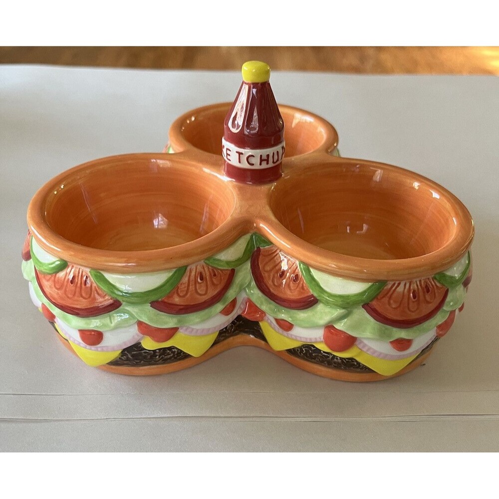 Pacific Enterprise Stoneware Ceramic Condiment Divided Bowl Ketchup Handle